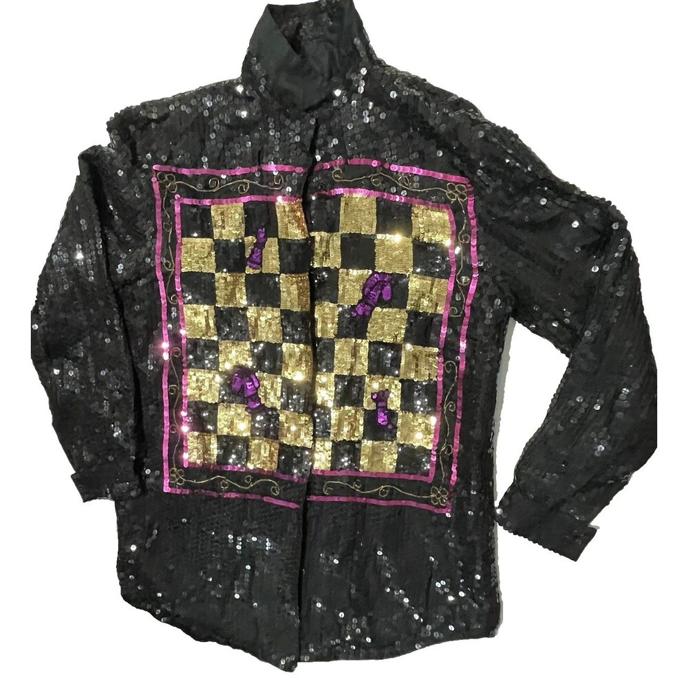 Vtg 80s Ellen Boyd Silk Novelty Sequin Chessboard Jacket Women M Black 100% Rare